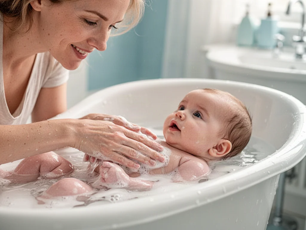 Mama delikatnie myje niemowlę w wannie z wodą z dodatkiem krochmalu, dbając o wrażliwą skórę dziecka.